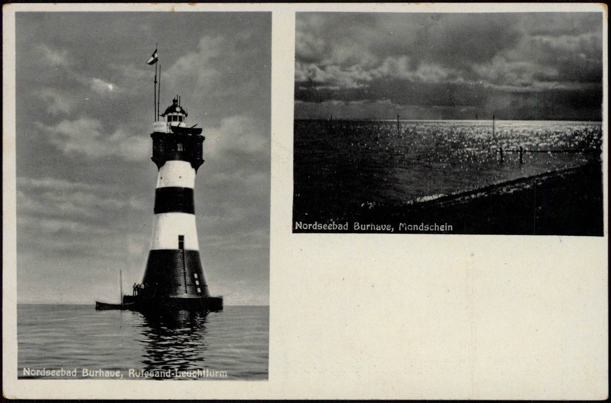 zoom: Image side vintage Postcard from 1934: Leuchtturm, bei Mondschein 2 Bild:: Burhave-Butjadingen