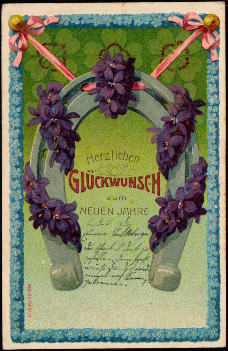 zoom: Image side vintage Postcard from 1904: Neujahr Sylvester New Year Feilchen Hufeisen::