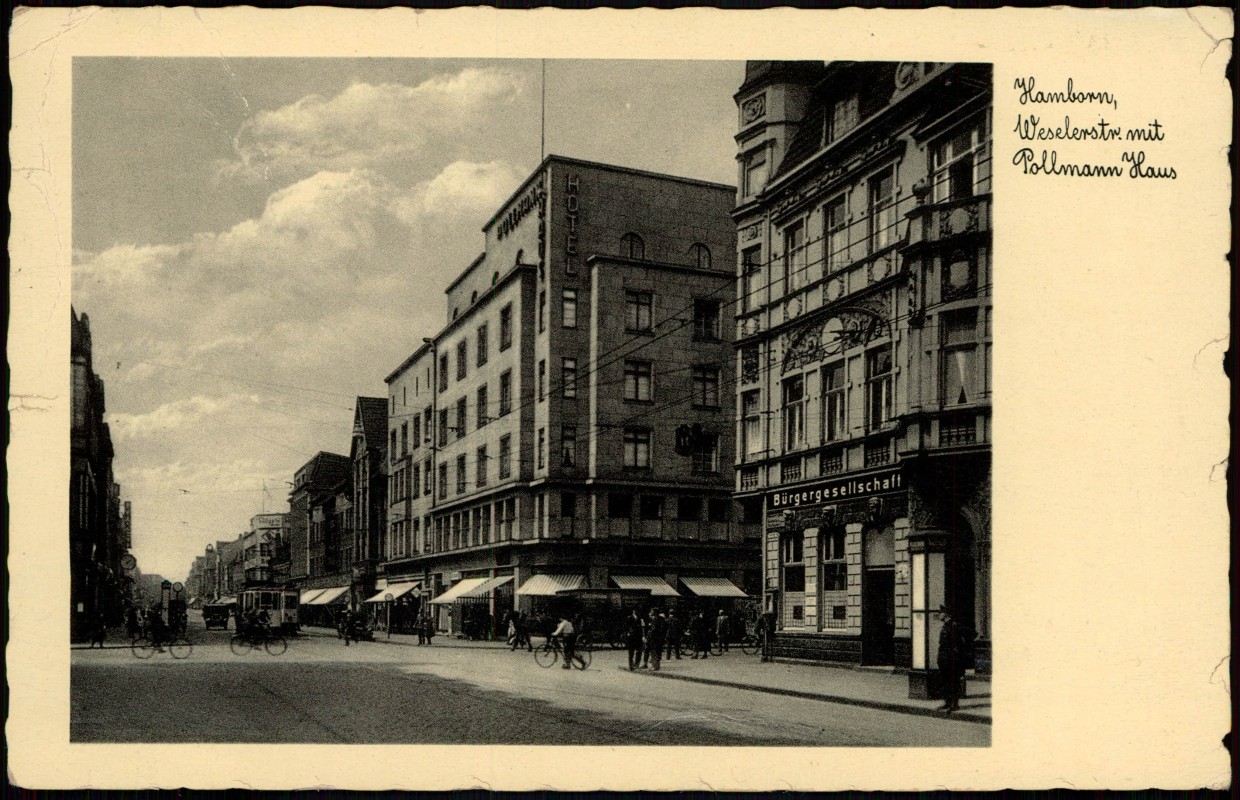 zoom: Image side vintage Postcard from 1935: Weselerstraße, belebt Geschäfte:: Hamborn-Duisburg