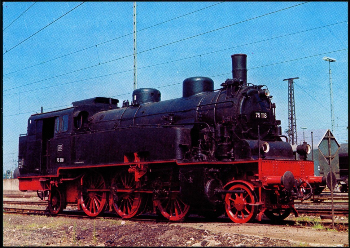 zoom: Image side vintage Postcard from 1980: Baureihe 75 (7511), Personenzug-Tenderlokomotive, Standort Karlsruhe Hochschule::