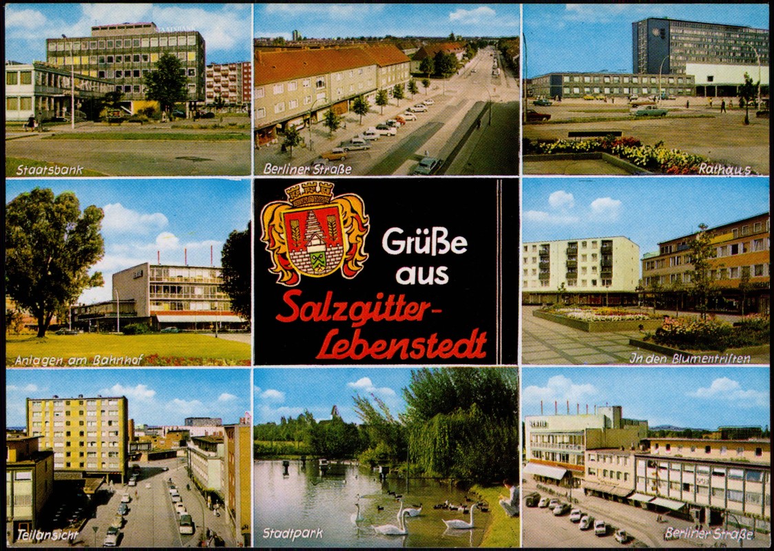 vergrößern: Bildseite historische Ansichtskarte von 1985: Staatsbank Anlagen am Bahnhof Berliner Straße MB:: Lebenstedt-Salzgitter
