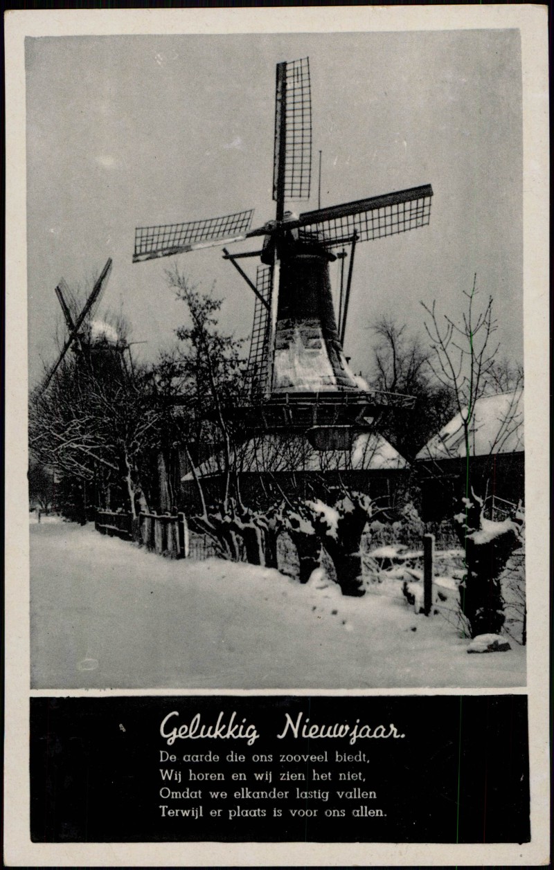 zoom: Image side vintage Postcard from 1940: Gelukkig Nieuwjaa Neujahr Glückwünsche (Karte aus Holland mit Windmühle)::
