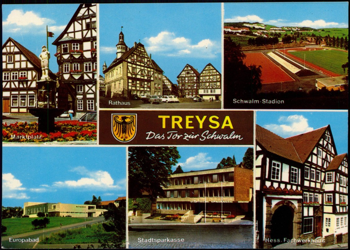 vergrößern: Bildseite historische Ansichtskarte von 1982: Stadtsparkasse Marktplatz Schwalm Stadion:: Treysa-Schwalmstadt
