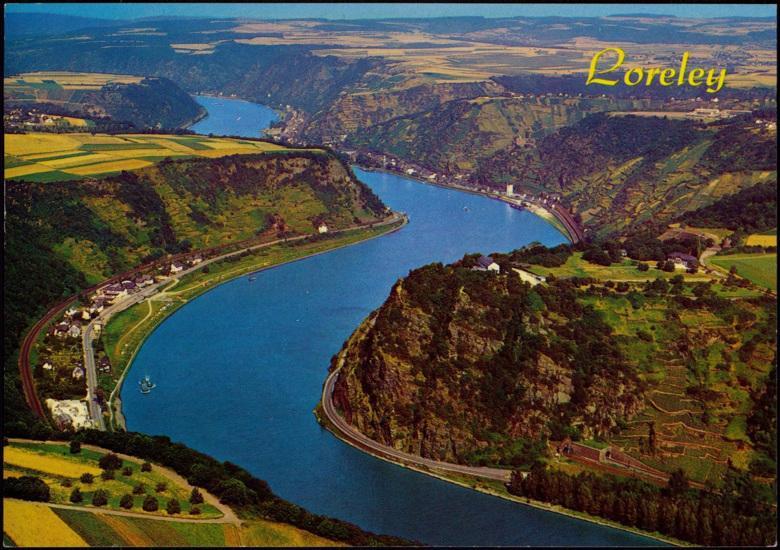 zoom: Image side vintage Postcard from 1970: Luftbild Luftaufnahme mit Rhein & Loreley:: St. Goarshausen