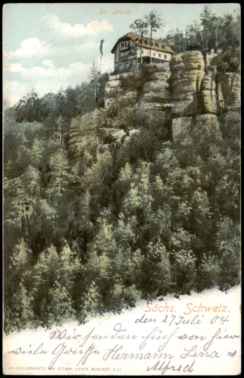 zoom: Image side vintage Postcard from 1904: Sächsische Schweiz Partie am Brandt Heliocolorkarte OMZ:: Brand (Sächsische Schweiz)