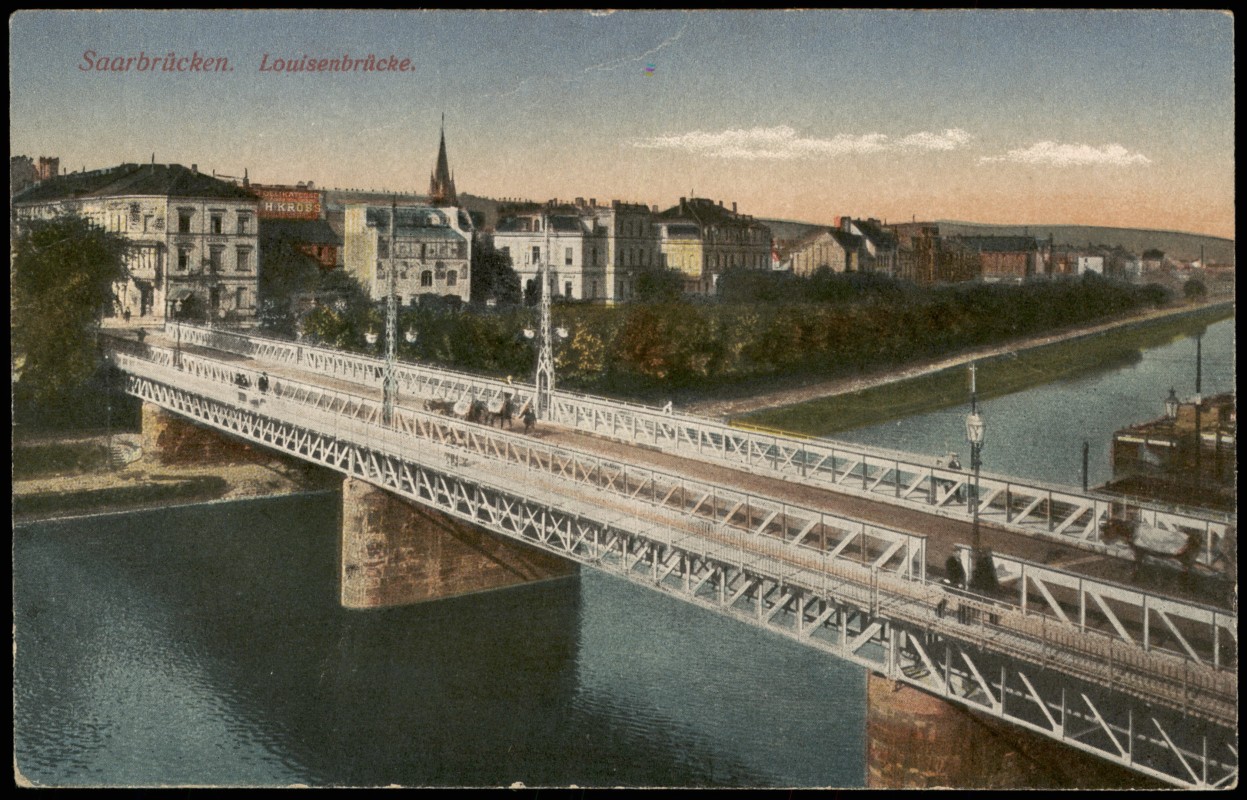 zoom: Image side vintage Postcard from 1918: Stadt u. Louisenbrücke:: Saarbrücken