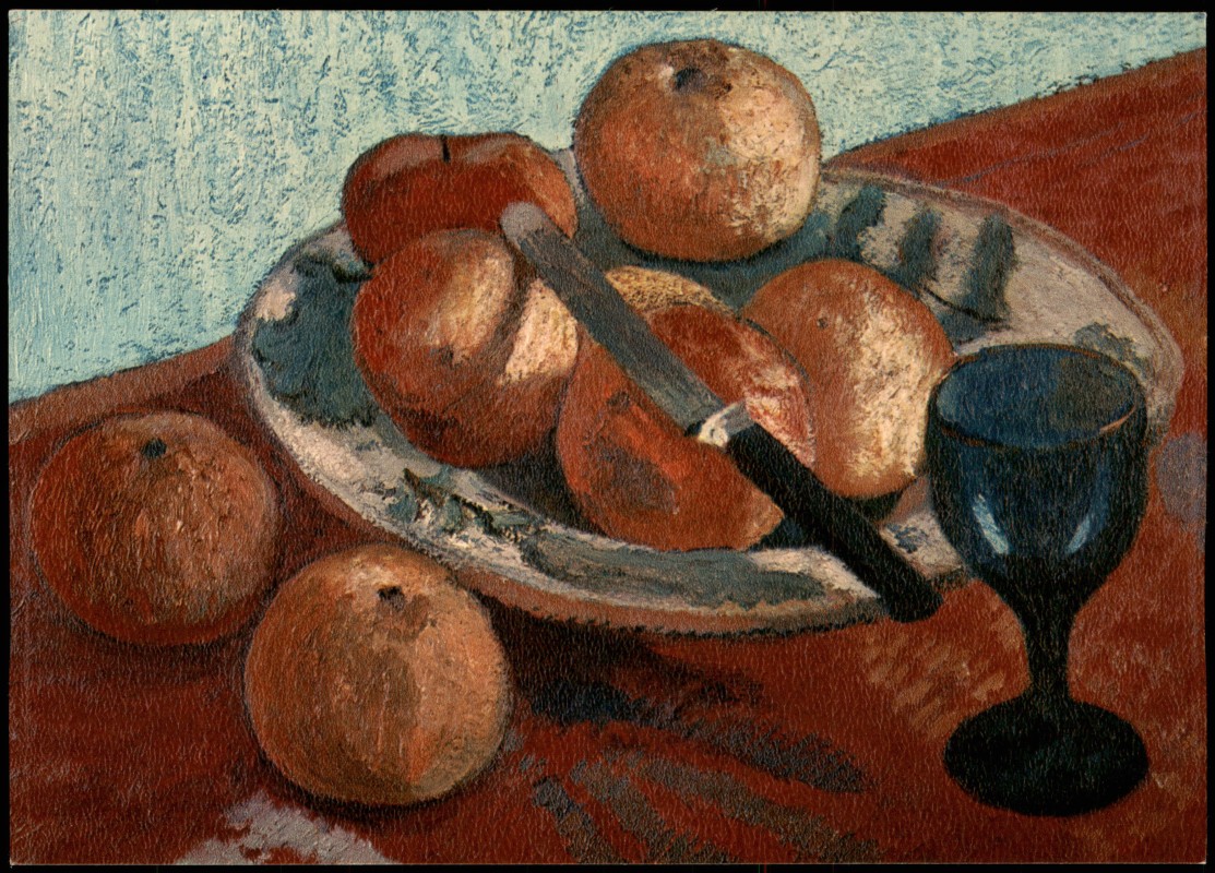 zoom: Image side vintage Postcard from 1950: Künstlerkarte Paula Modersohn-Becker Stilleben mit Apfeln und grünem Glas (1906)::