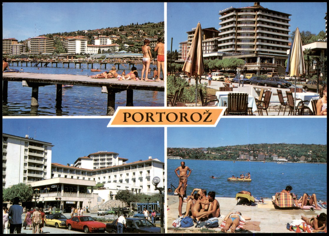zoom: Image side vintage Postcard from 1988: PORTOROŽ-PORTOROSE 4 Ortsansichten Mehrbild-AK:: Portoroz