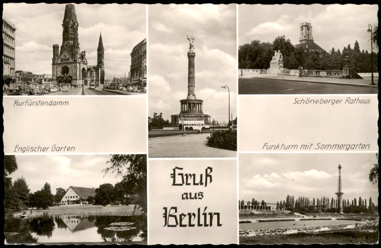 zoom: Image side vintage Postcard from 1956: Kurfürstendamm, Englischer Garten, Funkturm:: Berlin
