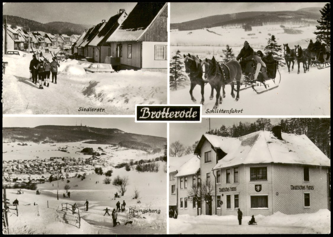 zoom: Image side vintage Postcard from 1980: DDR Mehrbildkarte mit Umland-Ansicht, Schlittenfahrt, Siedlerstr.:: Brotterode