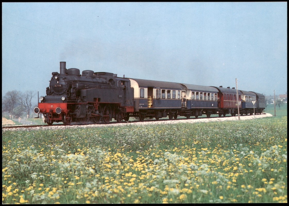 vergrößern: Bildseite historische Ansichtskarte von 1990: Eisenbahn & Bahn-Verkehr Dampflokomotive Personenzug Lokomotive::