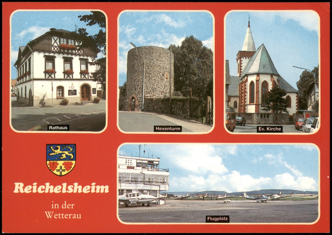 zoom: Image side vintage Postcard from 1992: Flugplatz, Kirche, Hexenturm:: Reichelsheim (Odenwald)