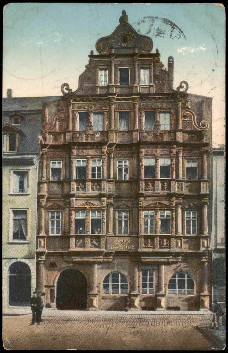 zoom: Image side vintage Postcard from 1913: Straßen Ansicht am Hotel Ritter:: Heidelberg