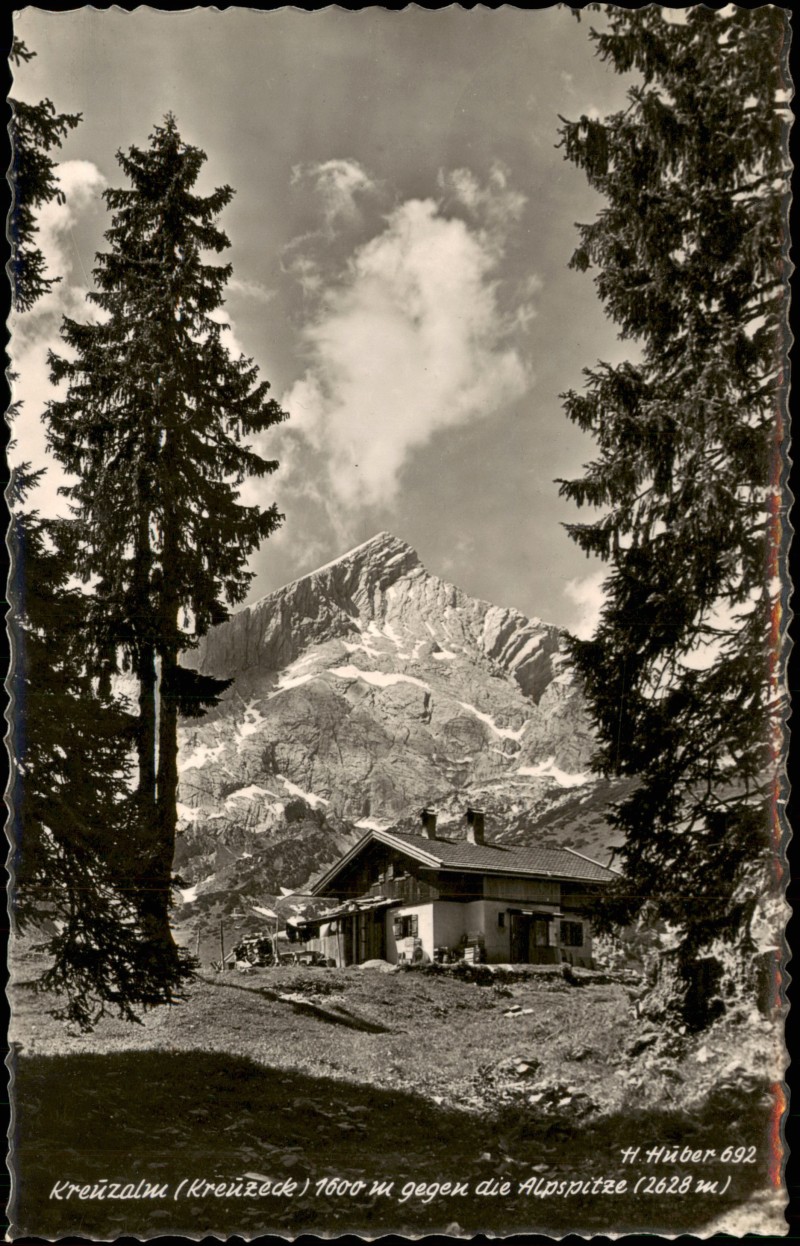vergrößern: Bildseite historische Ansichtskarte von 1955: Kreuzeck (Wettersteingebirge) - Kreuzalm:: Garmisch-Partenkirchen