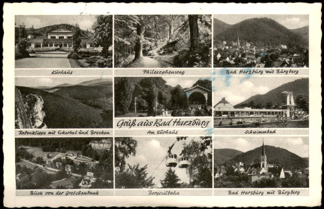 zoom: Image side vintage Postcard from 1954: Kurhaus, Seilbahn, Stadt - MB:: Bad Harzburg