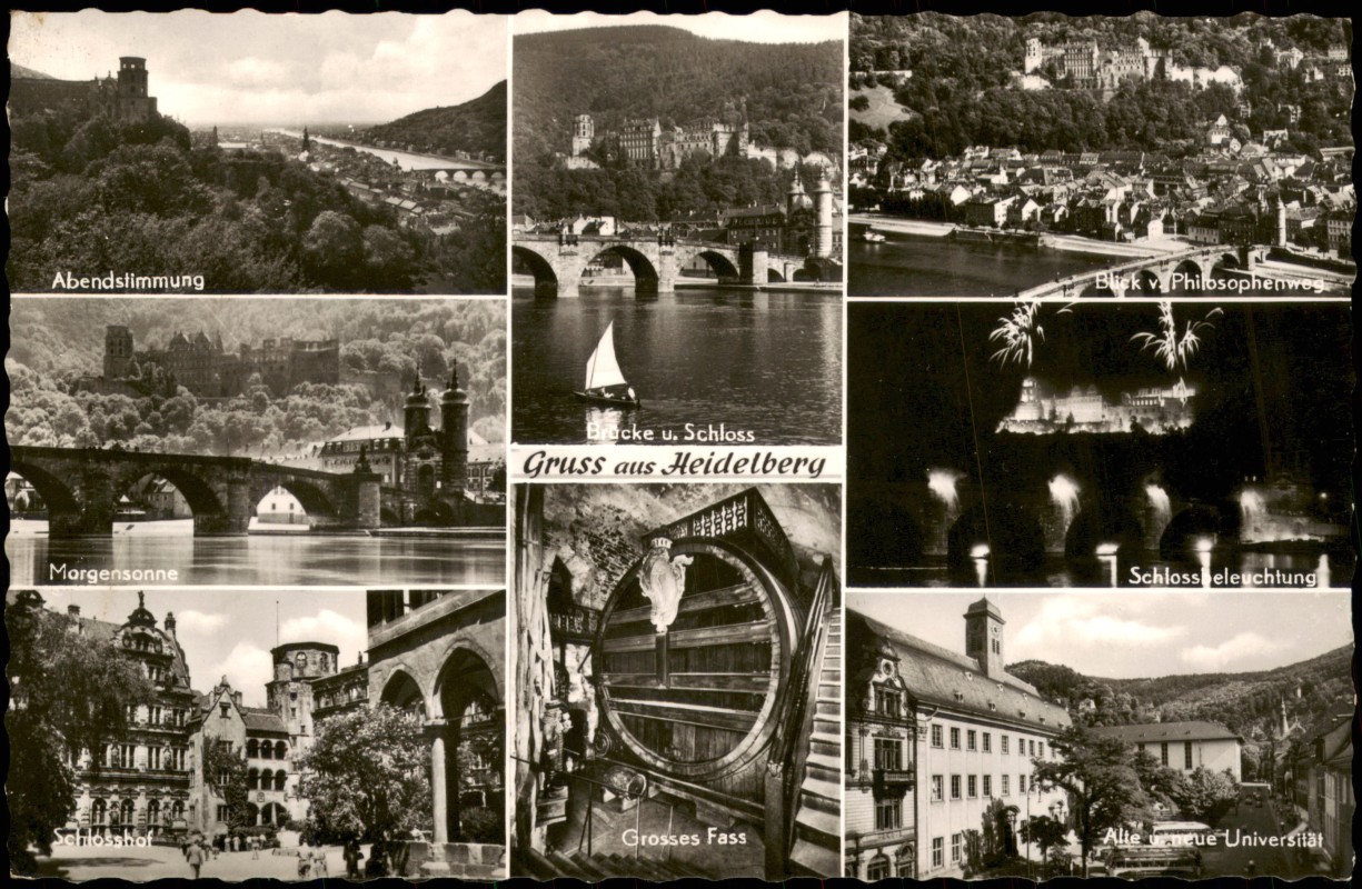 vergrößern: Bildseite historische Ansichtskarte von 1964: Mehrbildkarte Gruss-Aus-Postkarte div. Ansichten:: Heidelberg