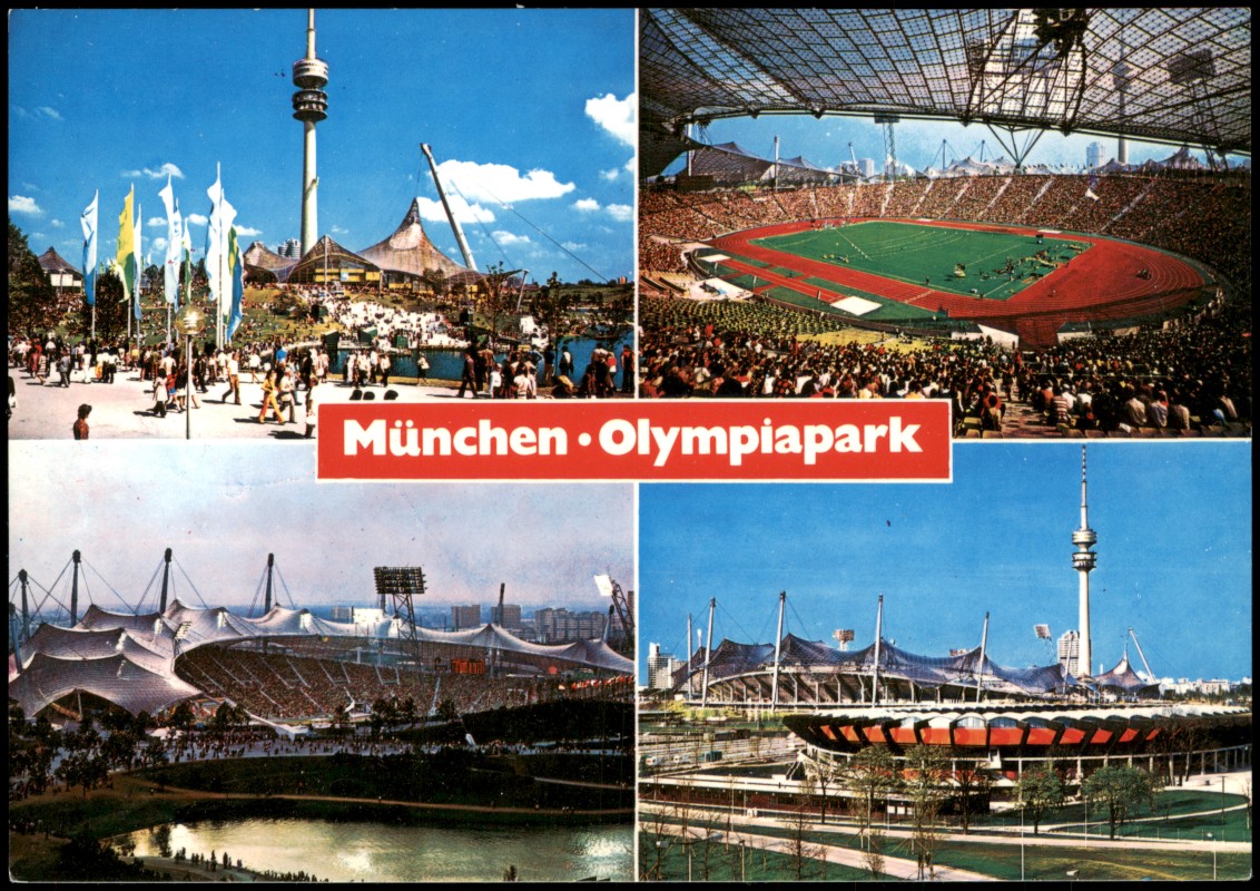 zoom: Image side vintage Postcard from 1972: Olympiapark Mehrbild-AK u.a. Stadion Olympiade:: Milbertshofen-Munich