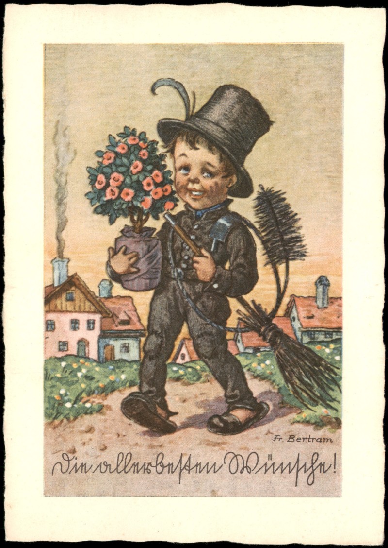 vergrößern: Bildseite historische Ansichtskarte von 1930: Künstlerkarte Fr. Bertram: Schornsteinfeger als Glücksbringer::