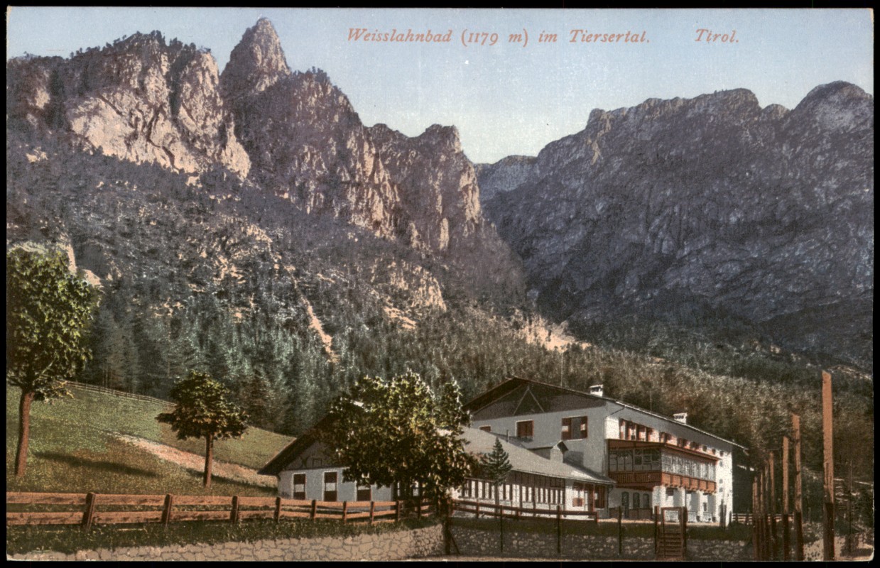 vergrößern: Bildseite historische Ansichtskarte von 1914: Weisslahnbad Tiersertal. Südtirol:: Tiers