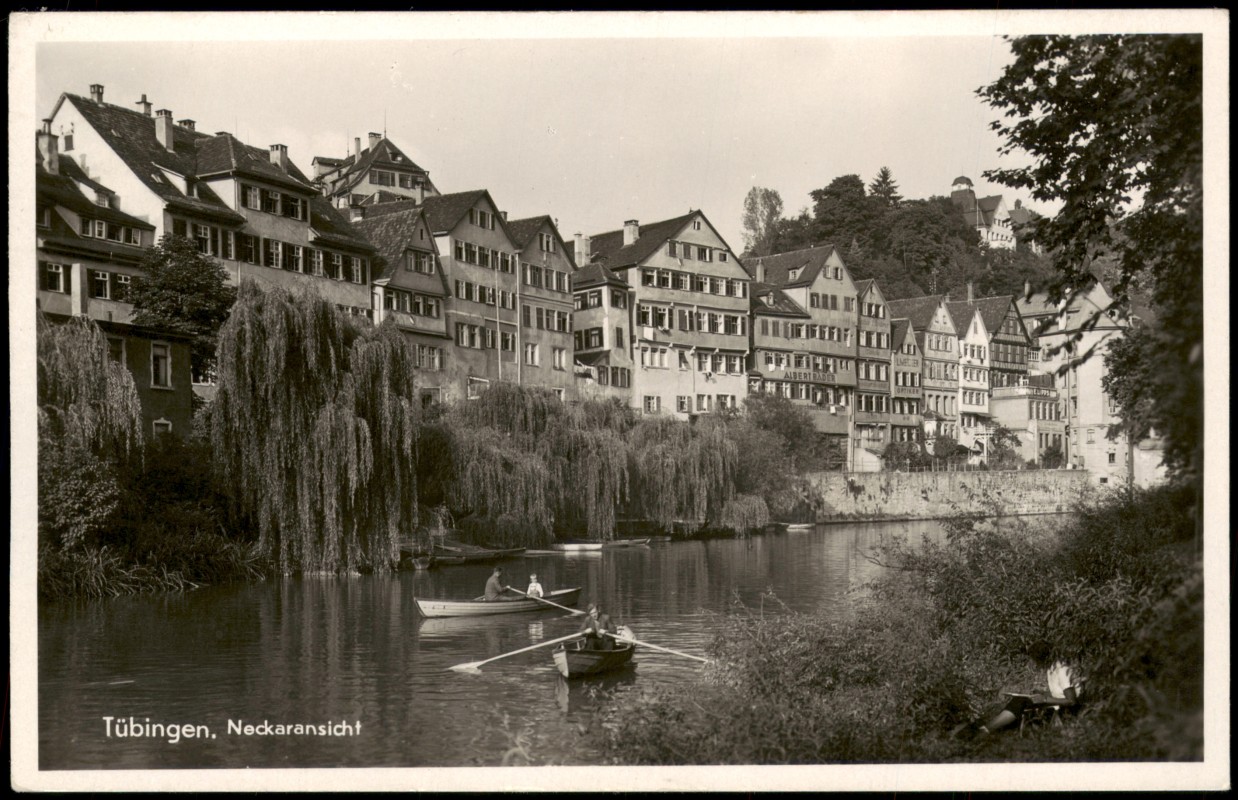 zoom: Image side vintage Postcard from 1940: Partie am Neckar mit Ruderbooten, Neckaransicht:: Tübingen