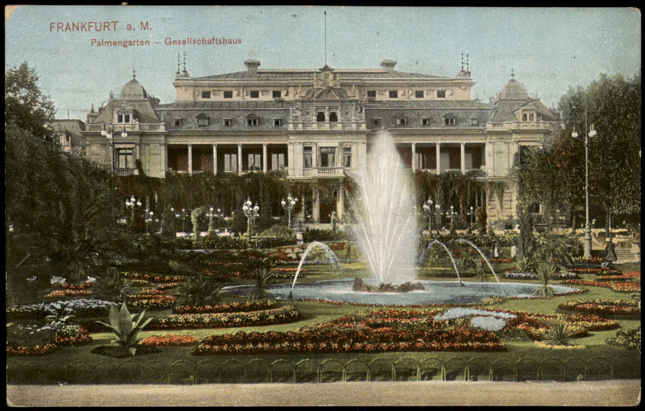 zoom: Image side vintage Postcard from 1918: Palmengarten Gesellschaftshaus Wasserkunst Wasserspiele:: Frankfurt am Main