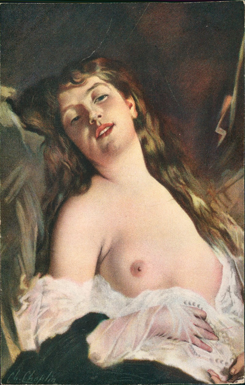 vergrößern: Bildseite historische Ansichtskarte von 1913: Erotik nackt nude schöne Frau Charles Chaplin Paris::