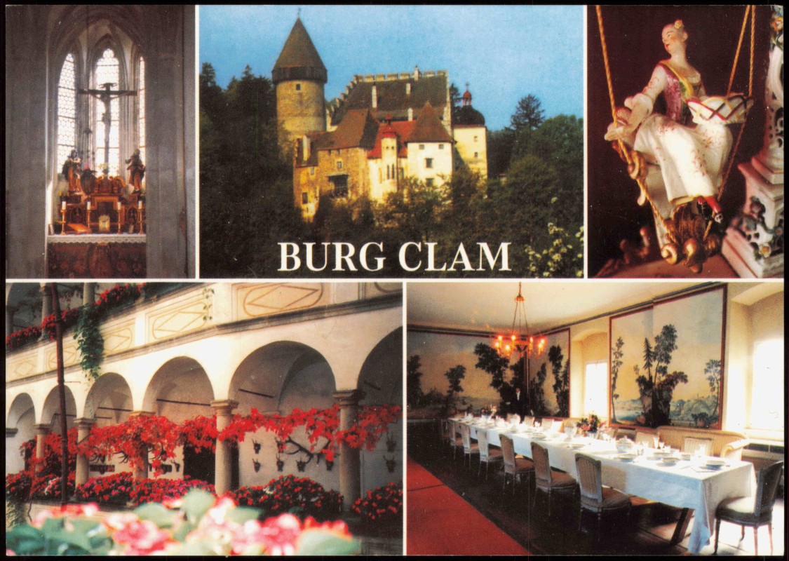 vergrößern: Bildseite historische Ansichtskarte von 1990: BURG CLAM Burgmuseum Burgkapelle (Mehrbildkarte):: Clam (Gemeinde Klam)