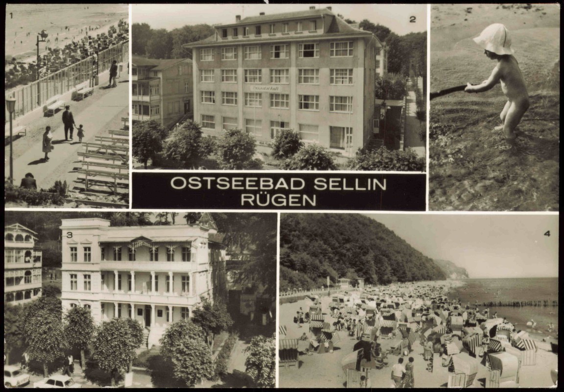 vergrößern: Bildseite historische Ansichtskarte von 1984: Strand, Erholungsheim Freundschaft + Haus Sellin:: Sellin