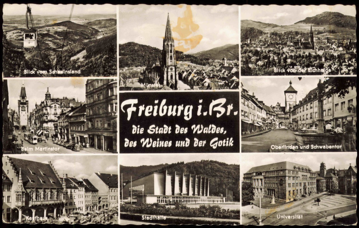 vergrößern: Bildseite historische Ansichtskarte von 1962: Oberlinden, Seilbahn, Martinstor uvm:: Freiburg im Breisgau