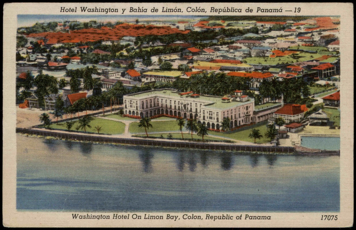 vergrößern: Bildseite historische Ansichtskarte von 1953: Hotel Washington y Bahía de Limón, Colón, República de Panamá:: Panama (Land-Allgemein)