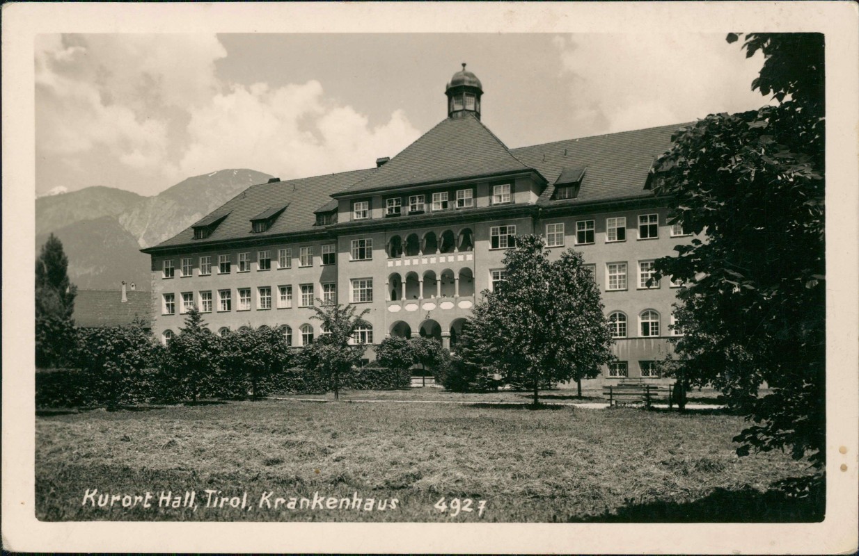 vergrößern: Bildseite historische Ansichtskarte von 1953: Krankenhaus:: Hall in Tirol
