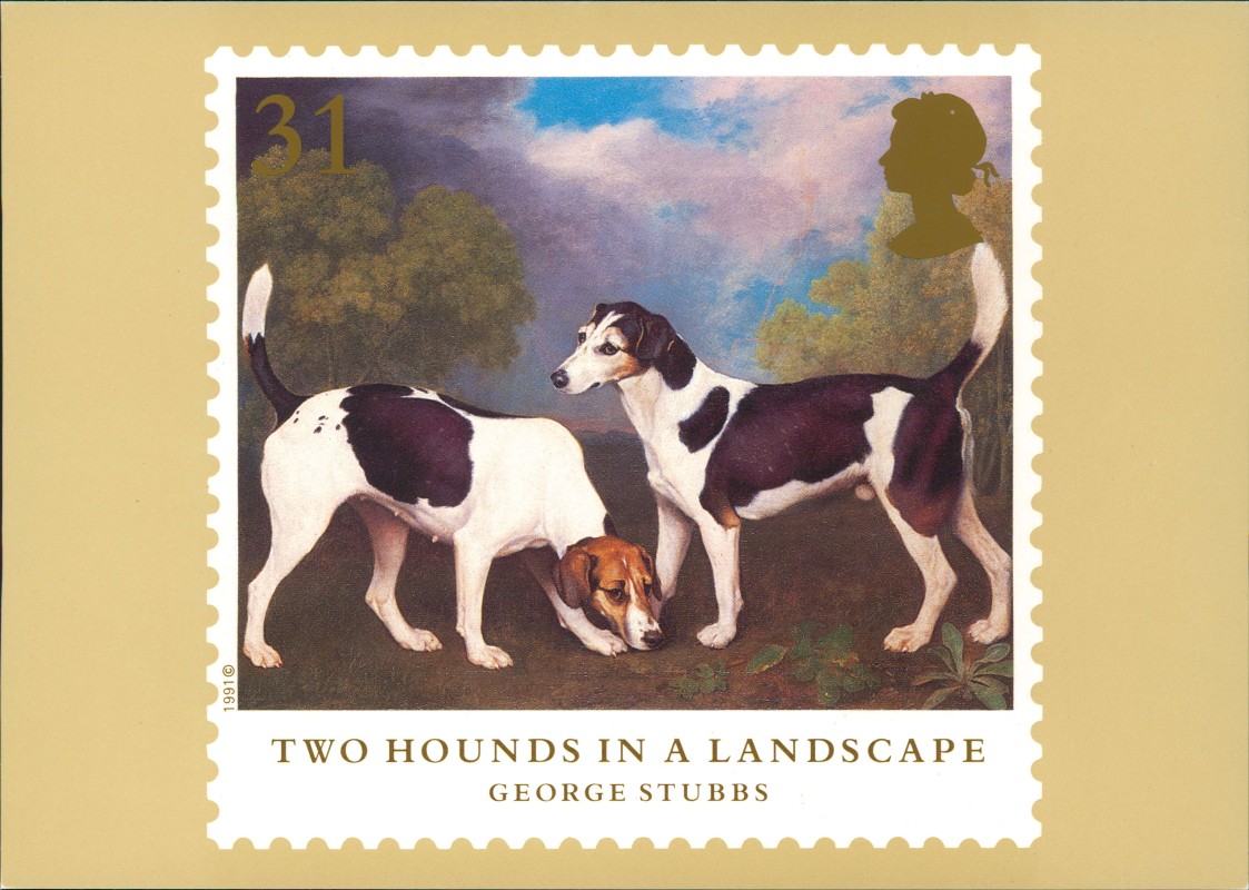 vergrößern: Bildseite historische Ansichtskarte von 1991: Hund, Briefmarken-Motiv England: TWO HOUNDS IN A LANDSCAPE::
