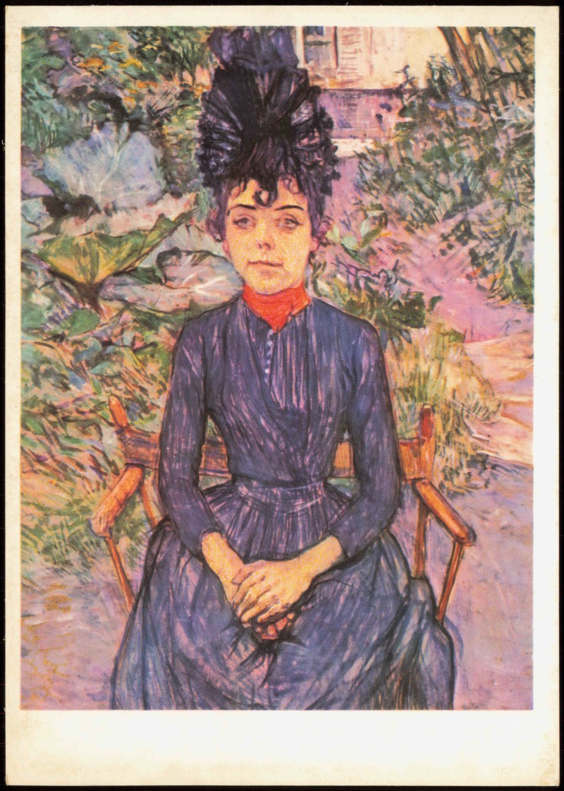 vergrößern: Bildseite historische Ansichtskarte von 1973: Künstlerkarte Gemälde: HENRI DE TOULOUSE-LAUTREC Justine Dieulh im Garten des Père Forest::