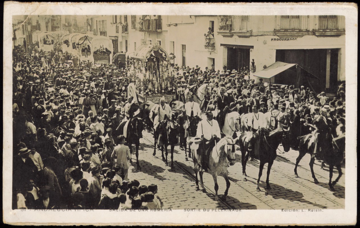 vergrößern: Bildseite historische Ansichtskarte von 1935: Salida de una Romeria du Pelerinage Religion:: .Andalusien
