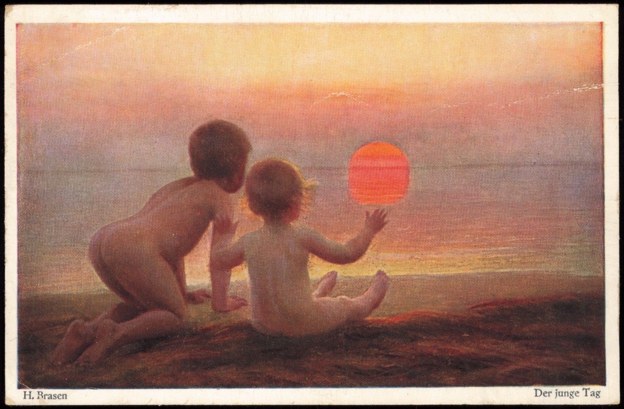 vergrößern: Bildseite historische Ansichtskarte von 1914: Der junge Tag Künstlerkarte Jungen Sonnenaufgang::