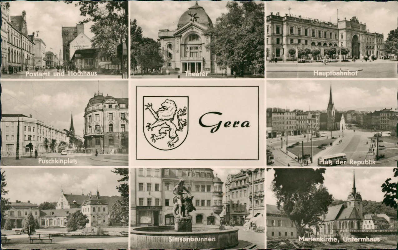 zoom: Image side vintage Postcard from 1962: Mehrbildkarte mit 8 Ansichten u.a. Postamt Theater Hauptbahnhof:: Gera