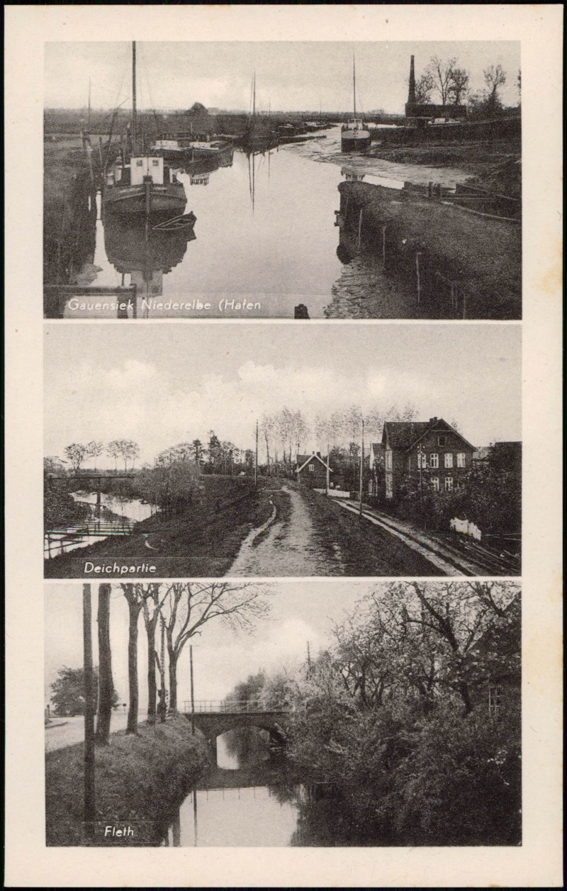 zoom: Image side vintage Postcard from 1940: Gauensiek Niederelbe Hafen Deichpartie 3 Bild:: Drochtersen
