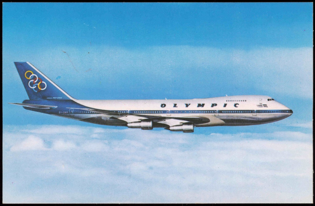 zoom: Image side vintage Postcard from 1970: Flugzeug Airplane Avion JUMBO JET BOEING 747-200 B OLYMPIC Airways::