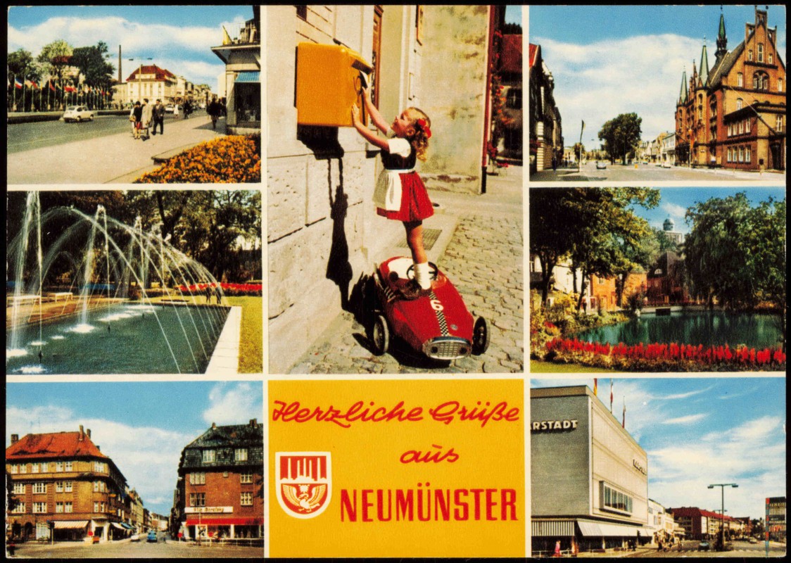 zoom: Image side vintage Postcard from 1970: Mehrbild-AK Ortsansichten u.a. Mädchen auf Rennauto am Briefkasten:: Neumünster