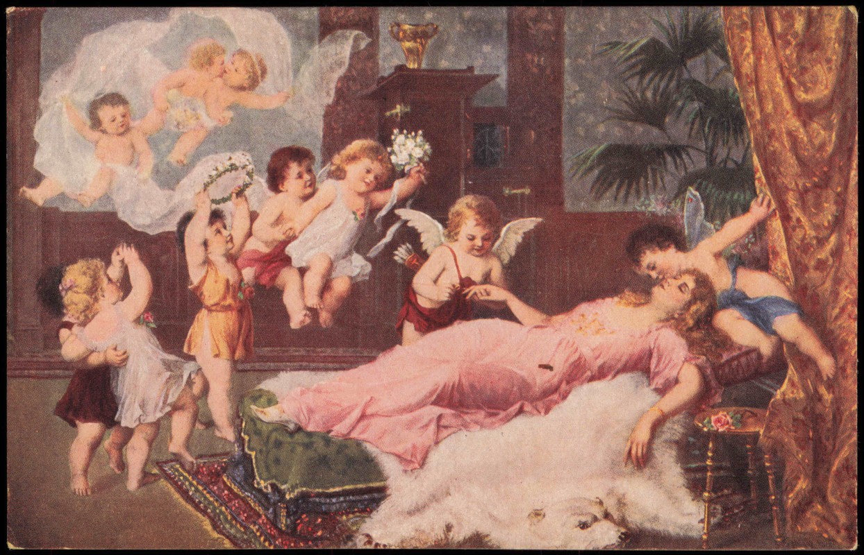 vergrößern: Bildseite historische Ansichtskarte von 1912: Künstlerkarte Hochzeitstraum Frau Engel Angel::