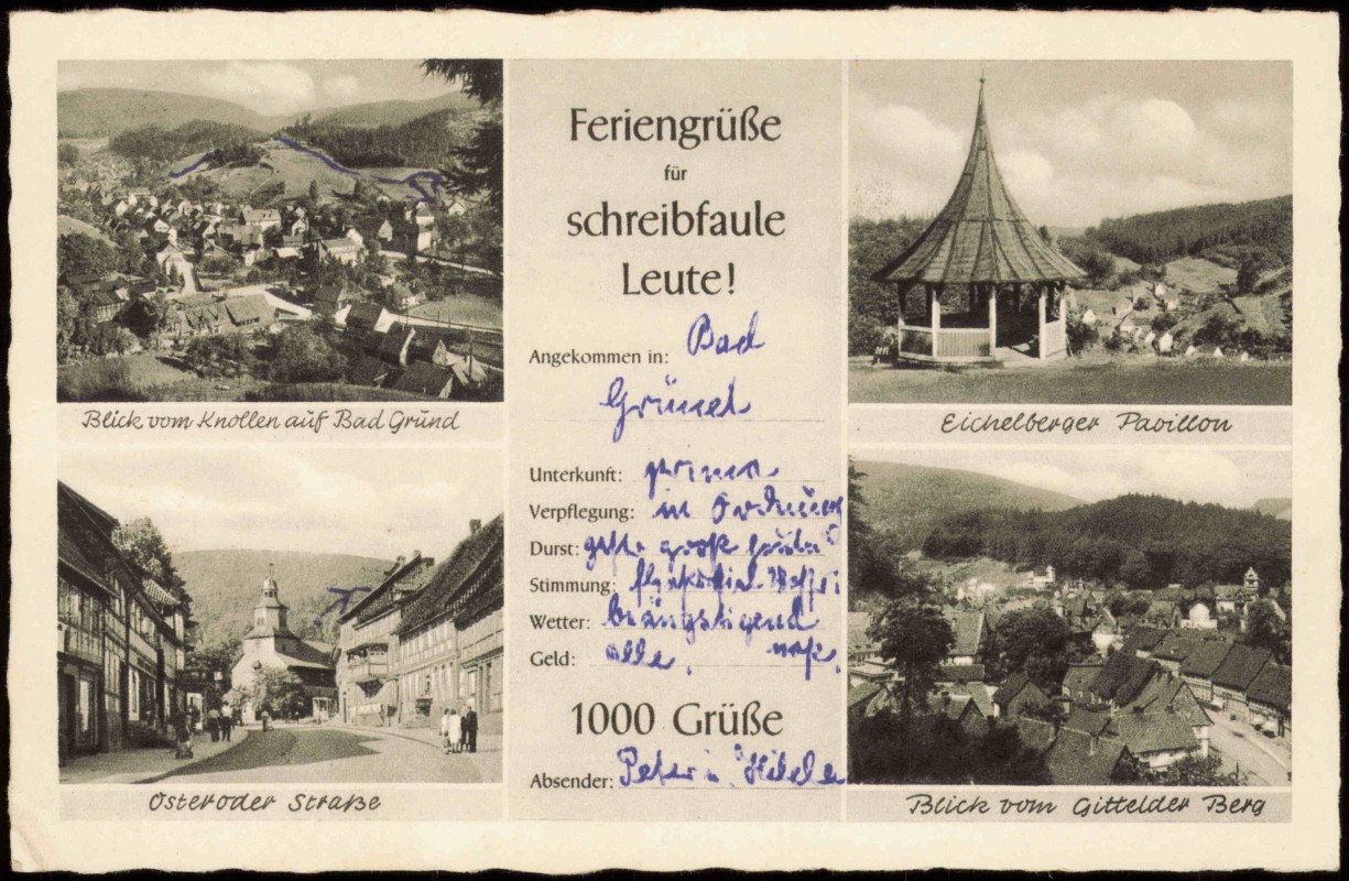 vergrößern: Bildseite historische Ansichtskarte von 1952: MB: Feriengrüße für schreibfaule Leute:: Bad Grund (Harz)