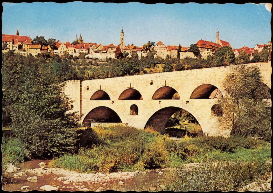 zoom: Image side vintage Postcard from 1963: Doppelbrücke im Taubertal:: Rothenburg ob der Tauber