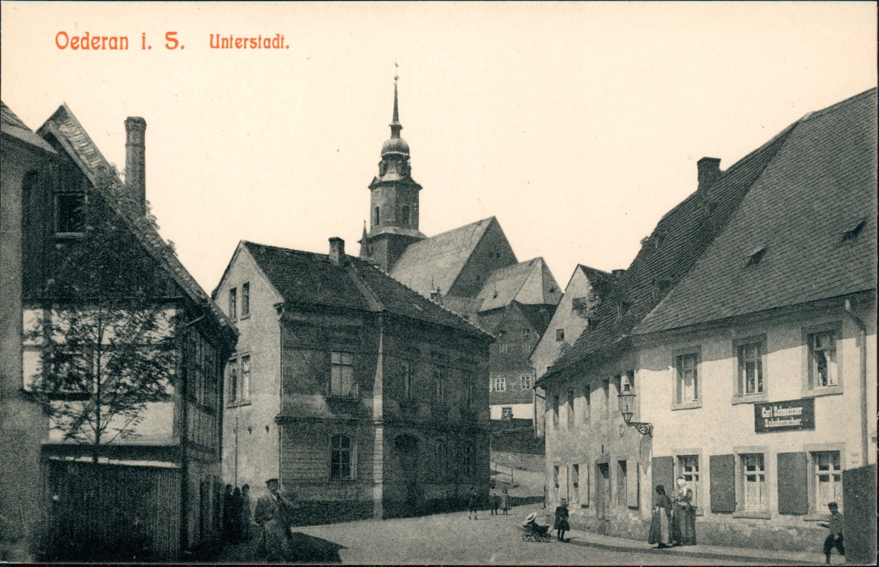 vergrößern: Bildseite historische Ansichtskarte von 1910: Unterstadt, Schumacher Carl Schmeisser:: Oederan