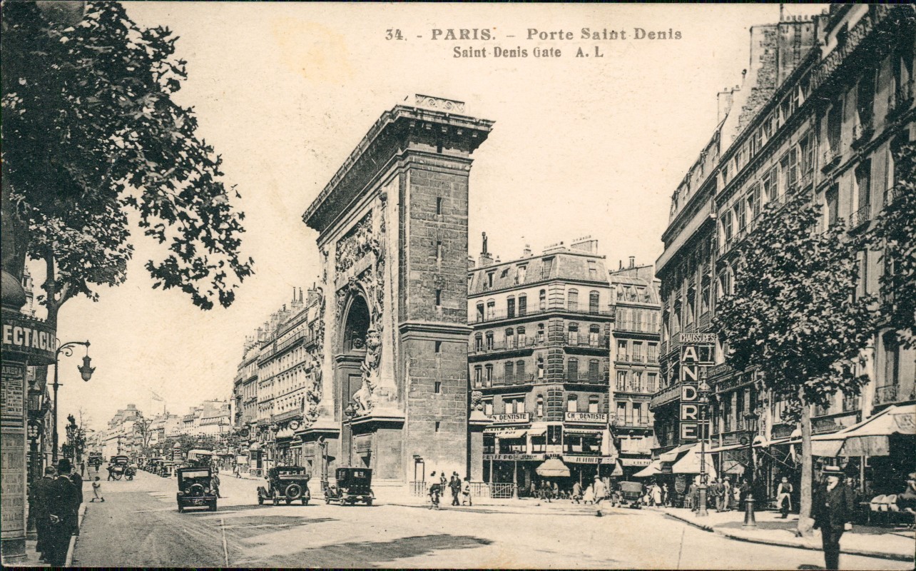 zoom: Image side vintage Postcard from 1918: Porte Saint Denis - Straßenpartie:: Paris