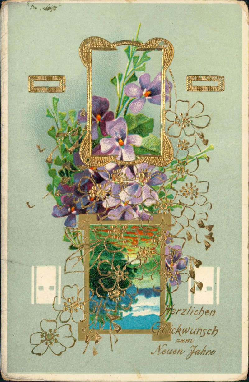 zoom: Image side vintage Postcard from 1912: Neujahr Sylvester New Year Veilchen Gold-Ornament::