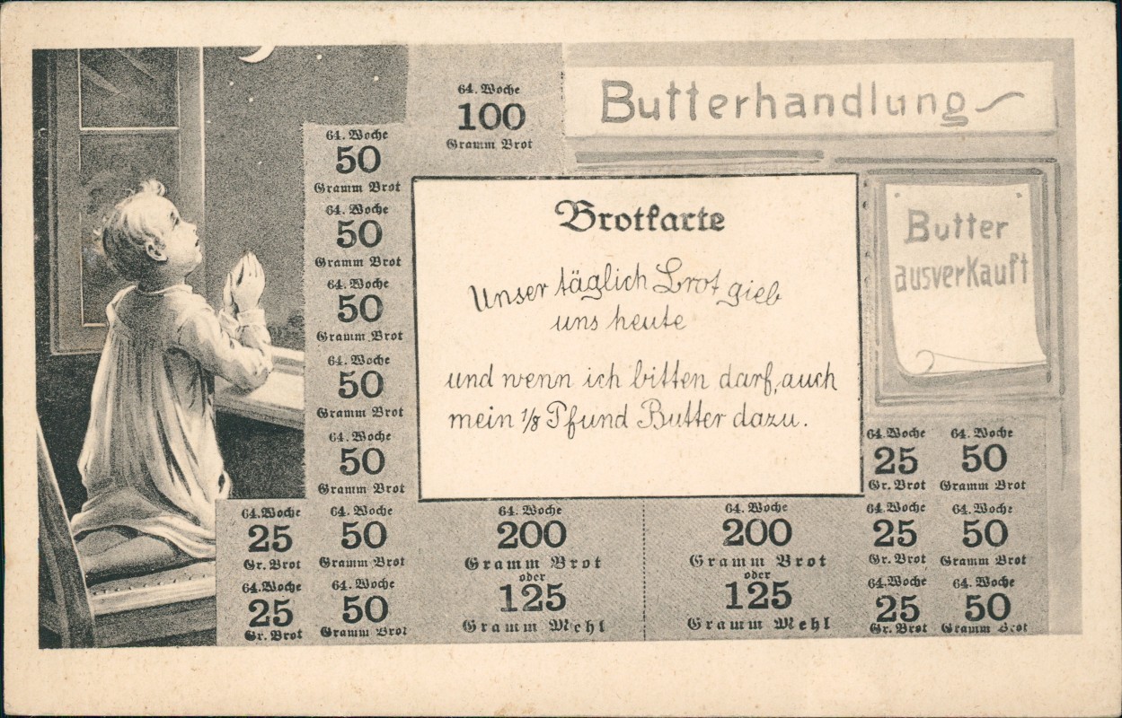 zoom: Image side vintage Postcard from 1917: Junge betend am Fenster Brotkarte Politik Zeitgeschichte::