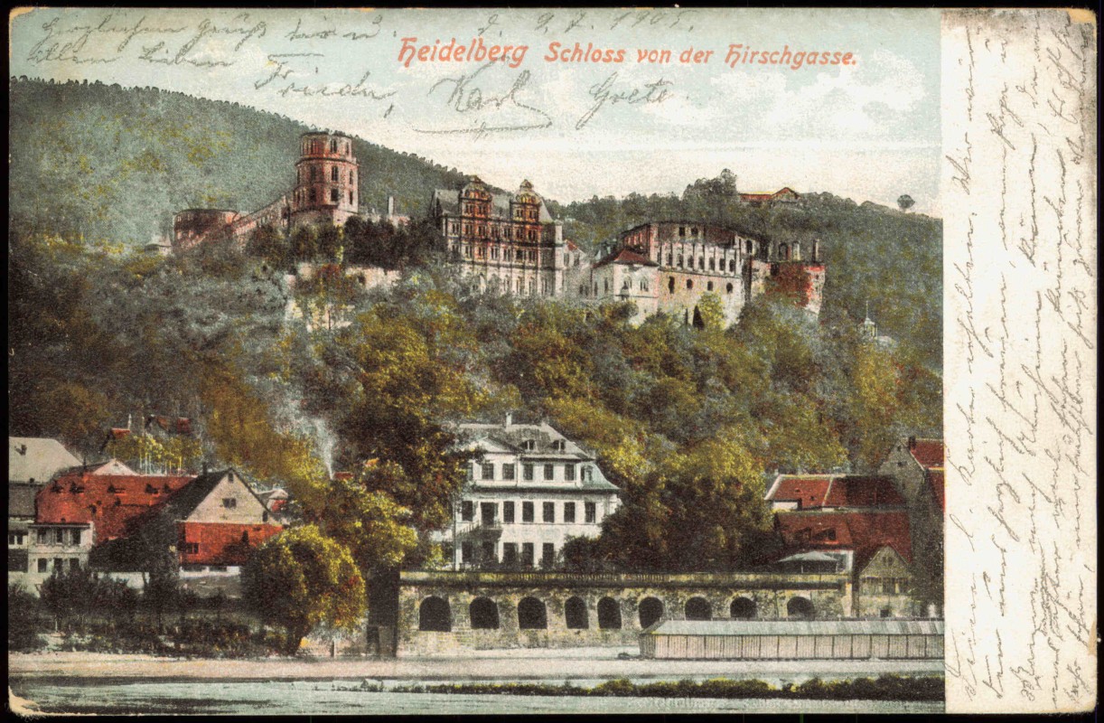 zoom: Image side vintage Postcard from 1905: Heidelberg Schloss von der Hirschgasse:: Heidelberg
