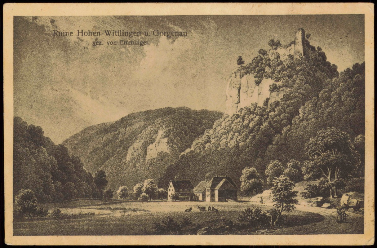 zoom: Image side vintage Postcard from 1922: Ruine Hohen-Wittlingen und Gorgenau:: Wittlingen-Bad Urach