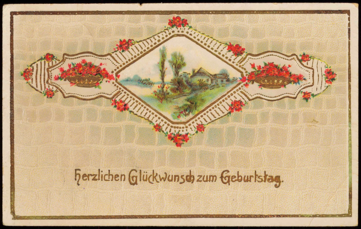 vergrößern: Bildseite historische Ansichtskarte von 1917: Geburtstag Birthday Goldornament Bouquett::