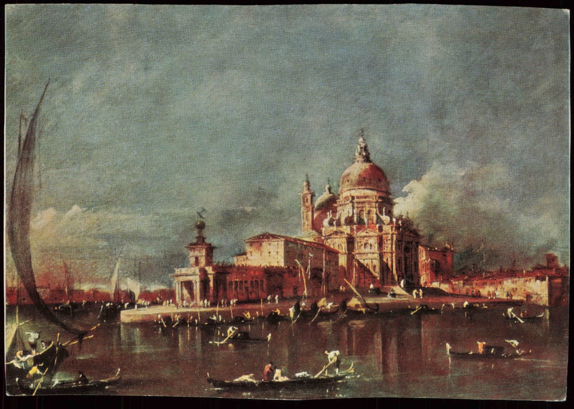 zoom: Image side vintage Postcard from 1990: Künstlerkarte Gemälde Boote vor Stadt und Dom::